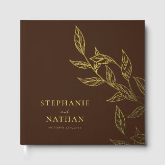 Livre D'or Simple Modern Leaves Dark Brown Wedding Gold