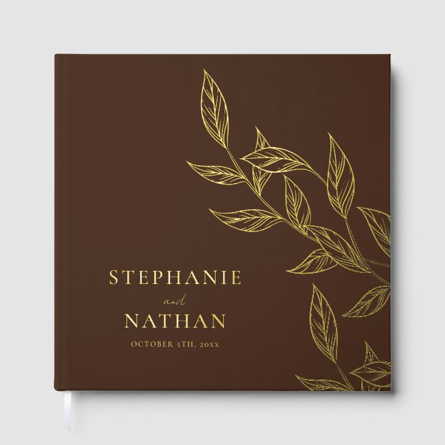 Livre D'or Simple Modern Leaves Dark Brown Wedding Gold (Recto)
