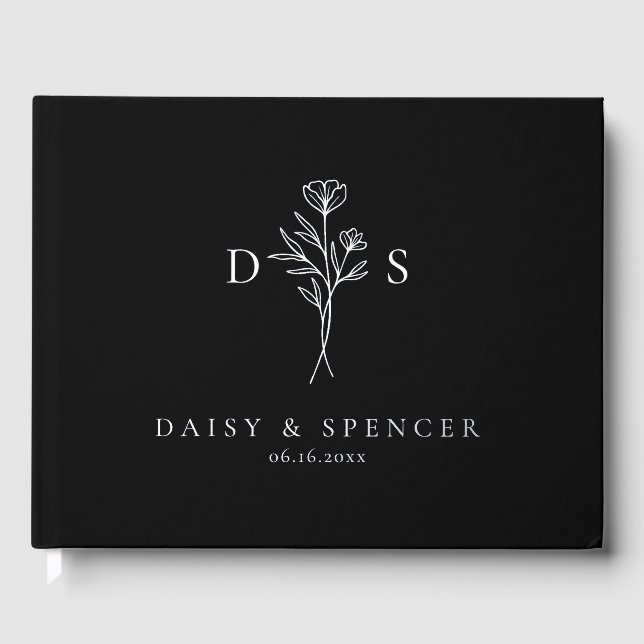 Livre D'or Simple Noir Moderne Mariage de Monogramme Floral (Recto)