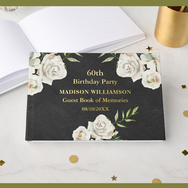Livre D'or Texture en cuir Floral fête d'anniversaire Gold Fo (Créateur téléchargé)