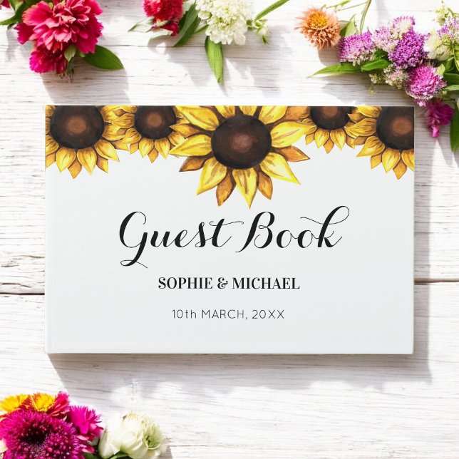 Livre D'or Tournesol Mariage Floral Blanc Jaune (Créateur téléchargé)
