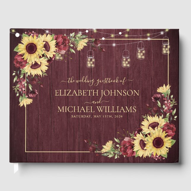 Livre D'or Tournesol rustique Bourgogne Bois Mariage Floral (Recto)