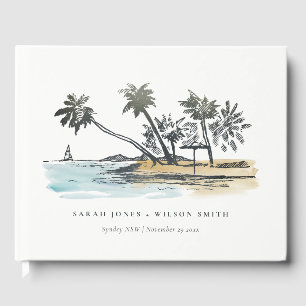 Livre D'or Tropical Beach Palm Tree Sketch Mariage d'aquarell