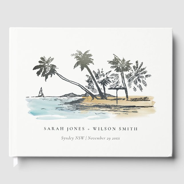 Livre D'or Tropical Beach Palm Tree Sketch Mariage d'aquarell (Recto)