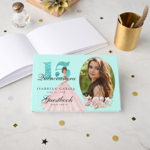 Livre D'or Turquoise bleu floral & photo Quinceañera Personna