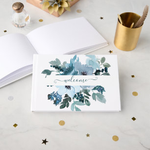 Livre D'or Turquoise et bleu aquarelle floral personnalisé