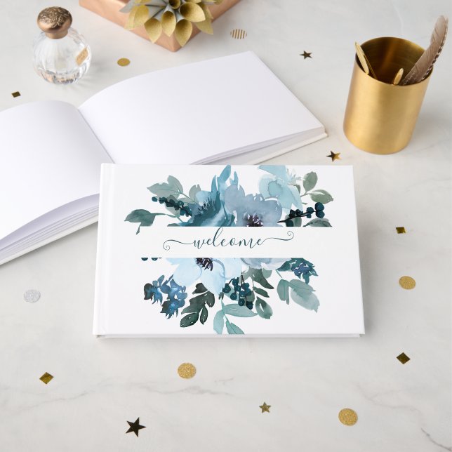 Livre D'or Turquoise et bleu aquarelle floral personnalisé (Recto ouvert)