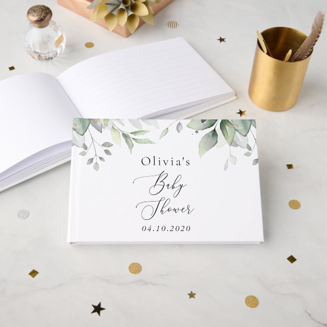 Livre D'or Verdure, Eucalyptus Feuilles, Boho, Baby shower (Recto ouvert)