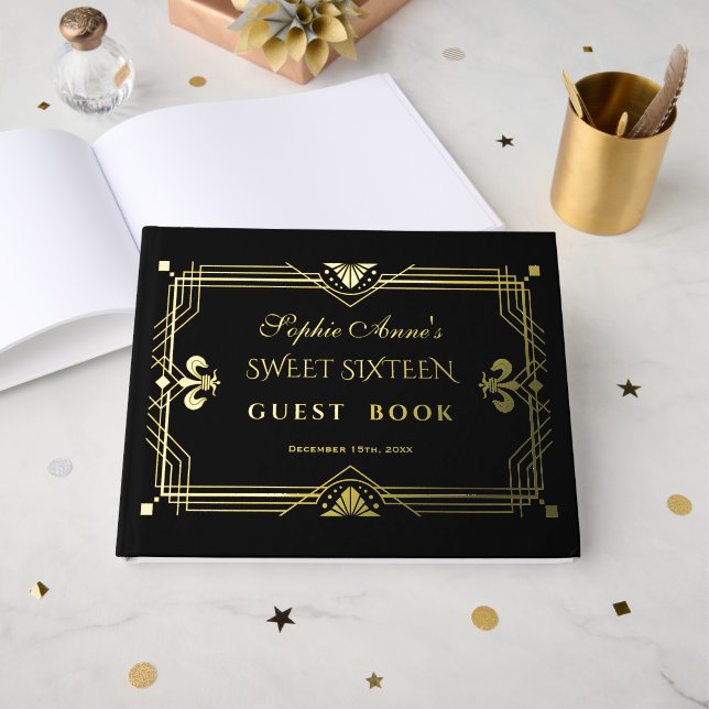 Livre D'or Véritable Foil Gold Black Sweet sixteen Party (Recto ouvert)