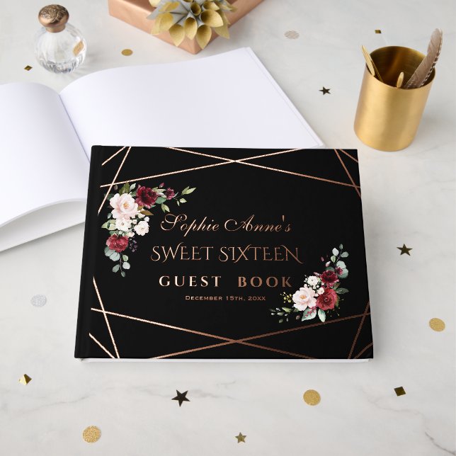 Livre D'or Véritable Foil Rose Gold Black Sweet sixteen (Recto ouvert)