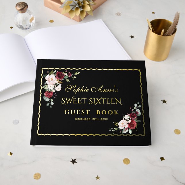 Livre D'or Véritable Sweet sixteen noir cadre en or Foil (Recto ouvert)