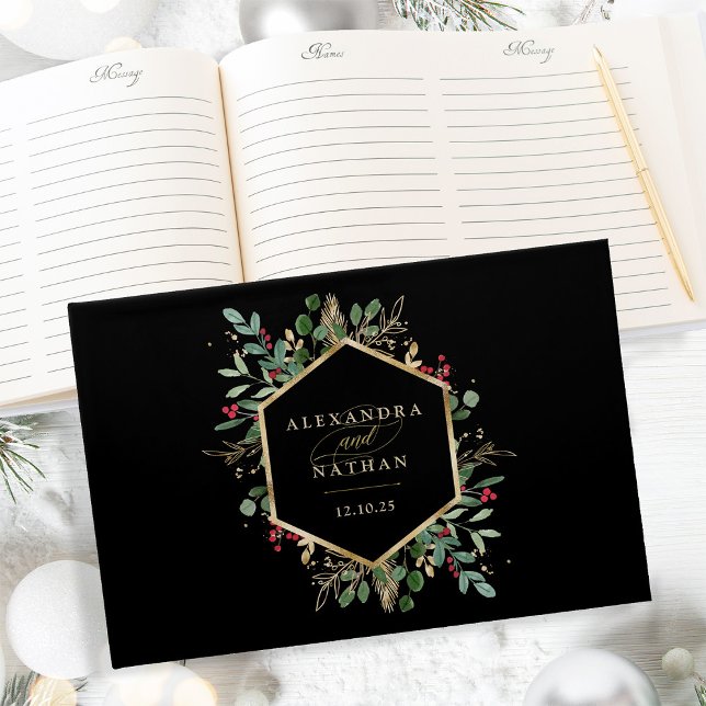 Livre D'or Vert doré sur noir | Mariage de Noël (A beautiful, glamorous guest book, perfect for your elegant holiday winter wedding)