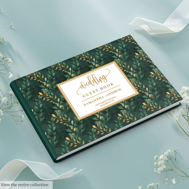 Livre d'or vert Hunter mariage avec feuille (Hunter green gold wedding guest book with leaves

)