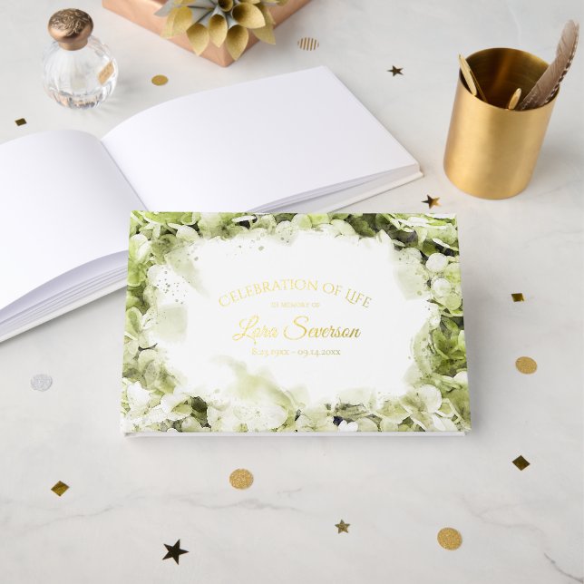 Livre D'or Vert Hydrangea Aquarelle Célébration de la vie (Recto ouvert)
