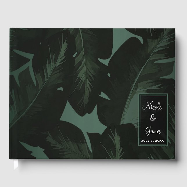Livre D'or Vert & Noir Chic Feuille Mariage Tropical (Recto)
