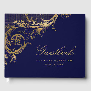 Livre D'or Vintage Navy Blue Gold Floral Mariage damassé