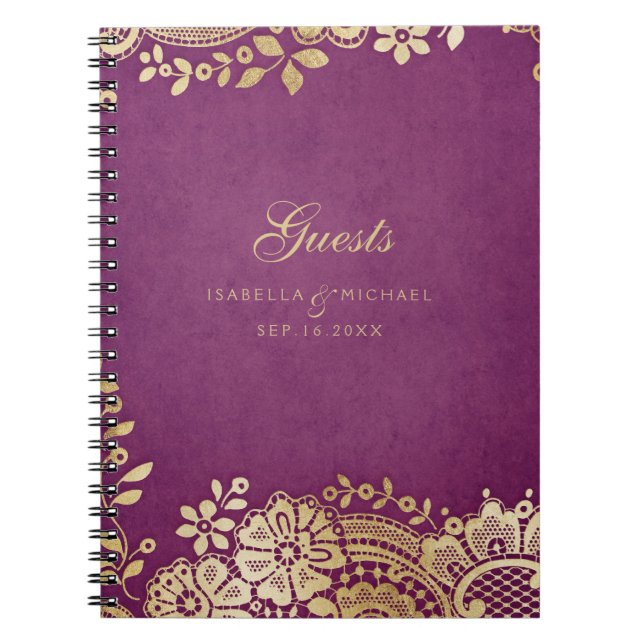 Livre d'or violet élégant mariage en dentelle (Devant)