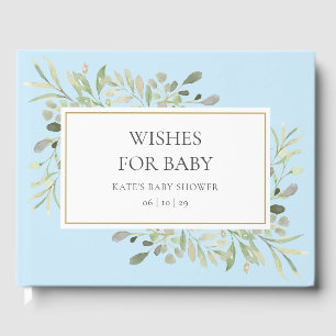 Livre D'or Vœux pour bébé verdure aquarelle bleu douche