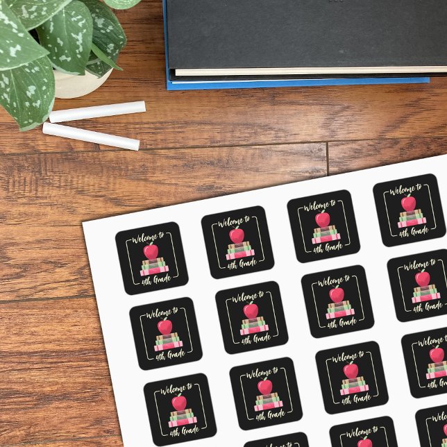 Livres de retour à l'école Autocollants noirs Carr (Back-to-school books apple square black stickers sheet .)