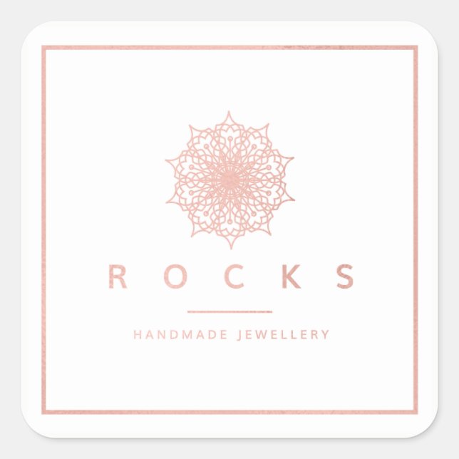 Liz Mandala Pink Rose Gold Metallischer Weißrahmen Quadratischer Aufkleber (Vorderseite)