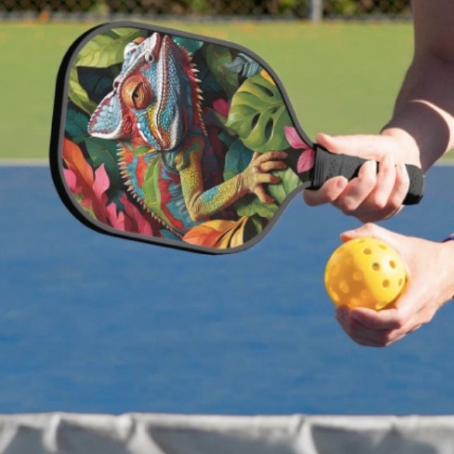 Lizard-Blätter und Farbe Pickleball Schläger (Colourful Lizard Tropical Jungle Art pickleball paddle hand wrapped grip honeycomb core. 8 oz weight)