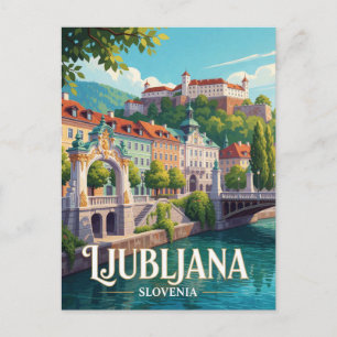 Ljubljana Slowenien Flussufer Schloss Reise Postkarte