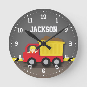 LKW-Bau-Kinderzimmer-Dekoration für Jungen Runde Wanduhr