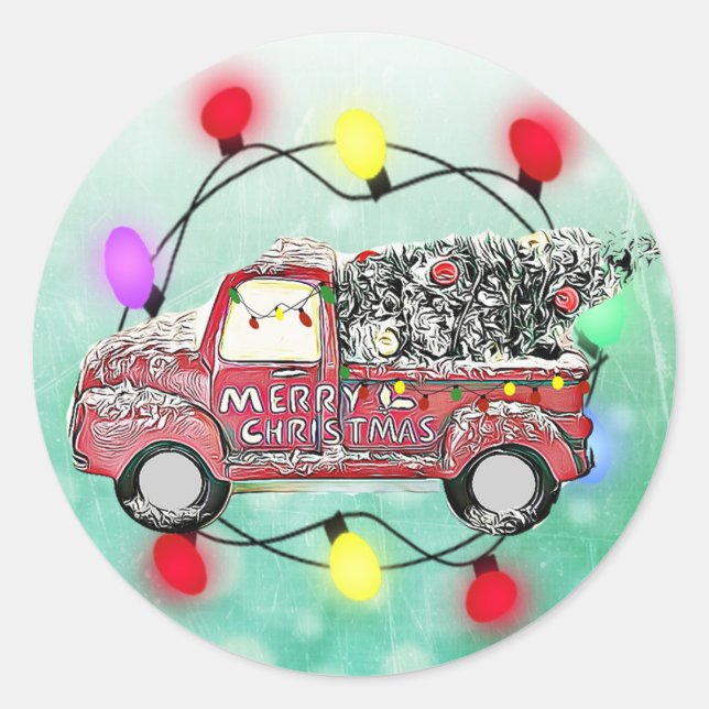 LKW mit Weihnachtsbaumleuchten und Baum Runder Aufkleber (Vorderseite)