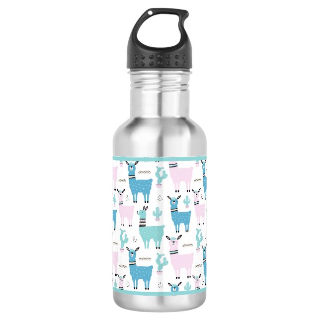 Llama Alapaca Animal Blue Pink Animals Edelstahlflasche (Vorderseite)