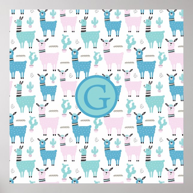 Llama Alapaca Animal Monogram Blue Pink Animals Poster (Vorne)