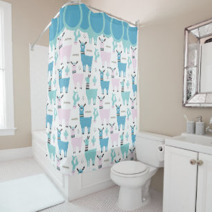 Llama Alapaca Muster Blau Pink Niedliche Tiere Duschvorhang