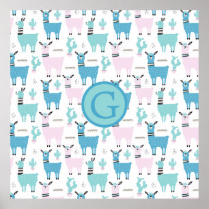 Llama Alapaca Tier Monogramm Blau Rosa Tiere Poster
