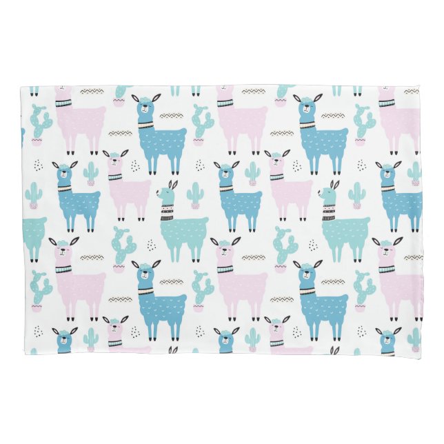 Llama Alapaca Tiermuster Blaue rosa Tiere Kissenbezug (Vorderseite)