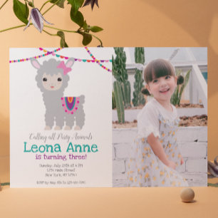 Llama Alpaca Anniversaire Invitation avec photo