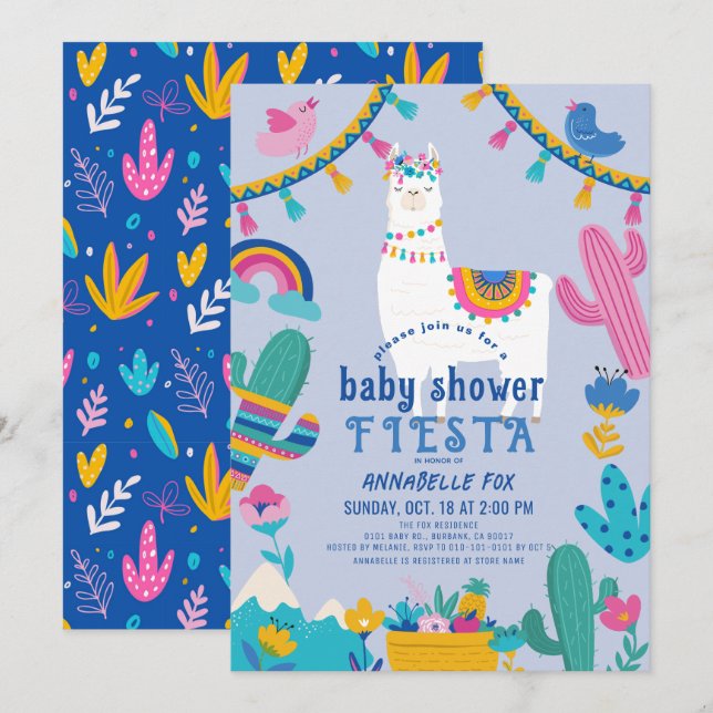 Llama Alpaca Cactus Fiesta Blue Boy Baby Dusche Einladung (Vorne/Hinten)