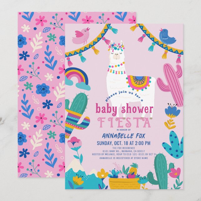 Llama Alpaca Cactus Fiesta Girl Pink Baby Dusche Einladung (Vorne/Hinten)