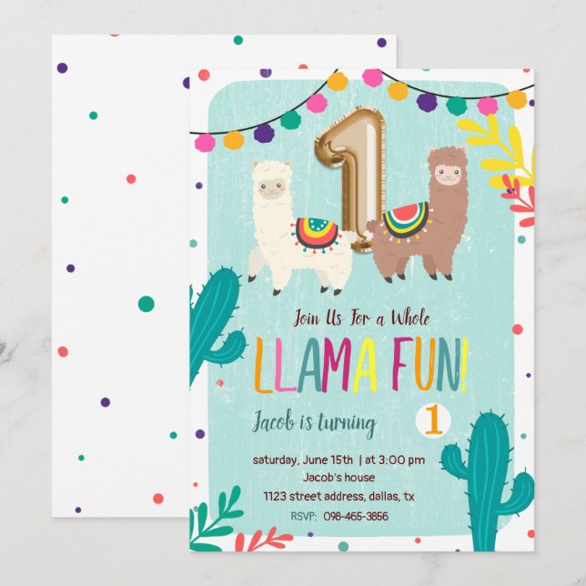 Llama Amusement 1er Anniversaire Invitation (Devant / Derrière)