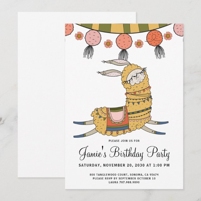 Llama Anniversaire Fête Invitation (Devant / Derrière)