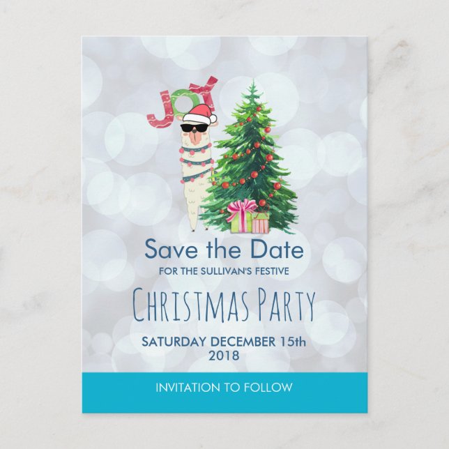 Llama auf Silver Bokeh & Icy Blue Save the Date Postkarte (Vorderseite)