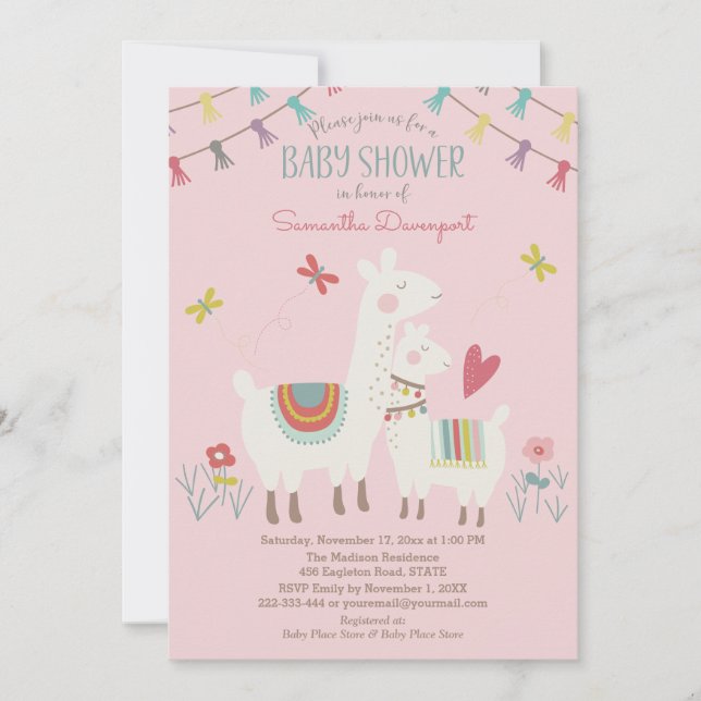 Llama Baby and Mama Shower Invitation rose (Devant)