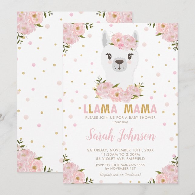 Llama Baby Dusche Blush Floral Einladung (Vorne/Hinten)