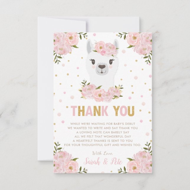 Llama Baby Dusche Blush Pink Bläschen Dankeskarte (Vorderseite)