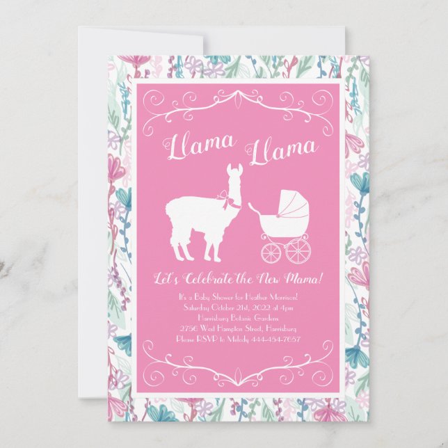 Llama Baby Dusche Niedlich Pink Girl Einladung (Vorderseite)