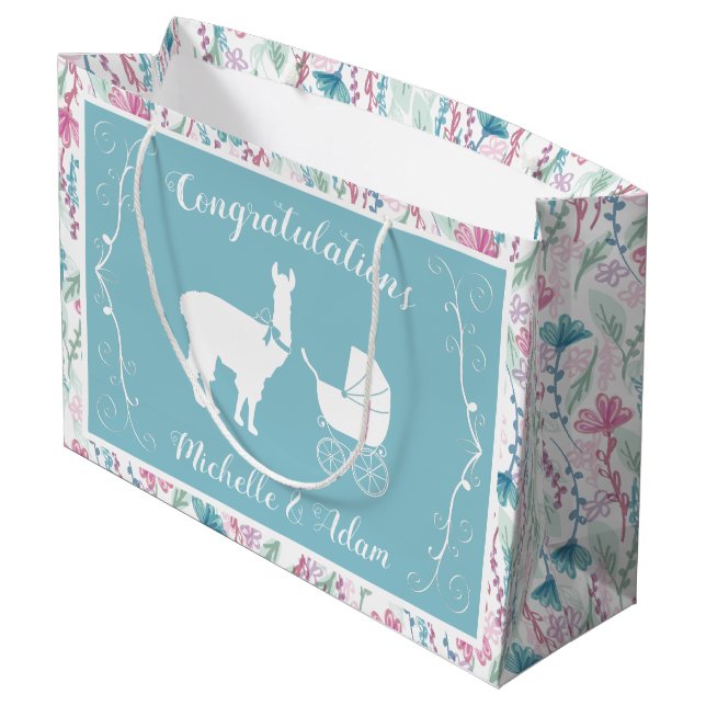 Llama Baby Dusche Vintag Niedlich Große Geschenktüte (Rückseite Schrägansicht)