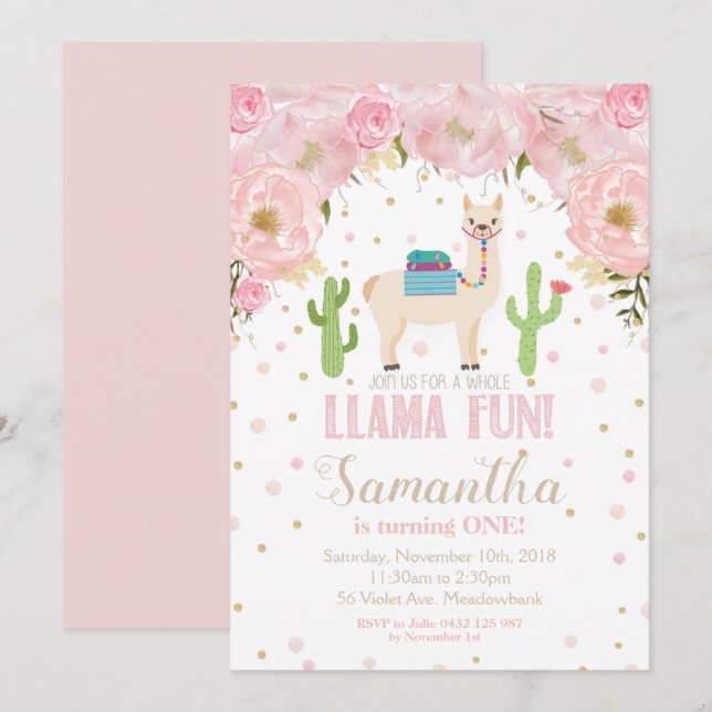 Llama Birthday Einladung Blush Floral Girl (Vorne/Hinten)