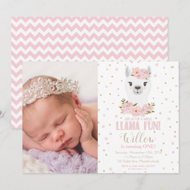 Llama Birthday Einladung Blush Floral Girl Foto (Vorne/Hinten)