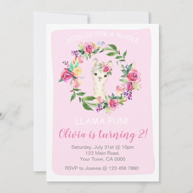 Llama Birthday Einladung für ein Mädchen (Vorderseite)