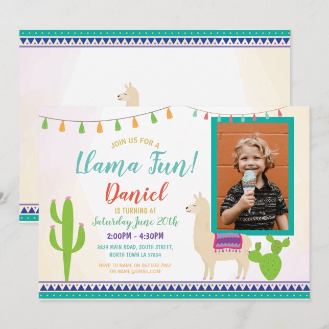 Llama Birthday Foto Cactus Party Fiesta Einladung (Vorne/Hinten)