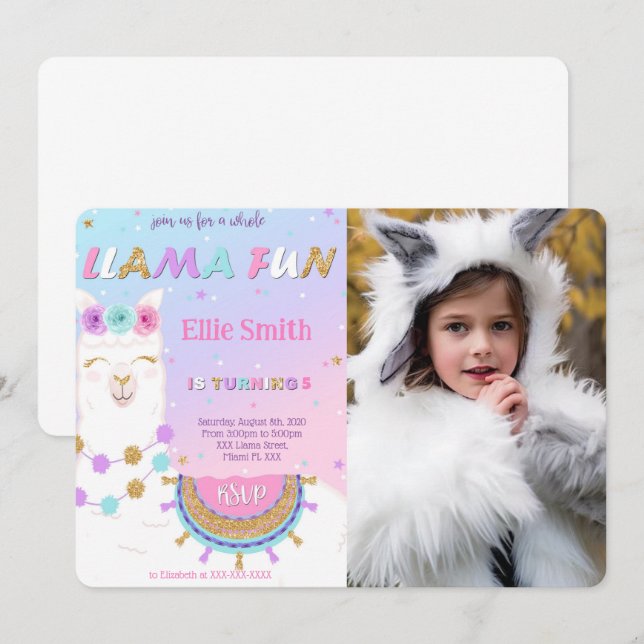 Llama Birthday Foto Einladung (Vorne/Hinten)