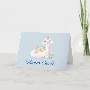 Llama Blau-Weiß mit Blumen Baby Dankeskarte